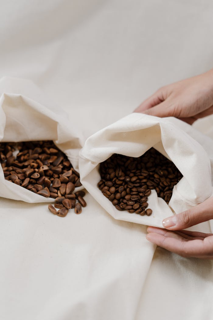 services-04 Close-up of hands holding eco-friendly cloth bags filled with coffee beans, promoting sustainability.